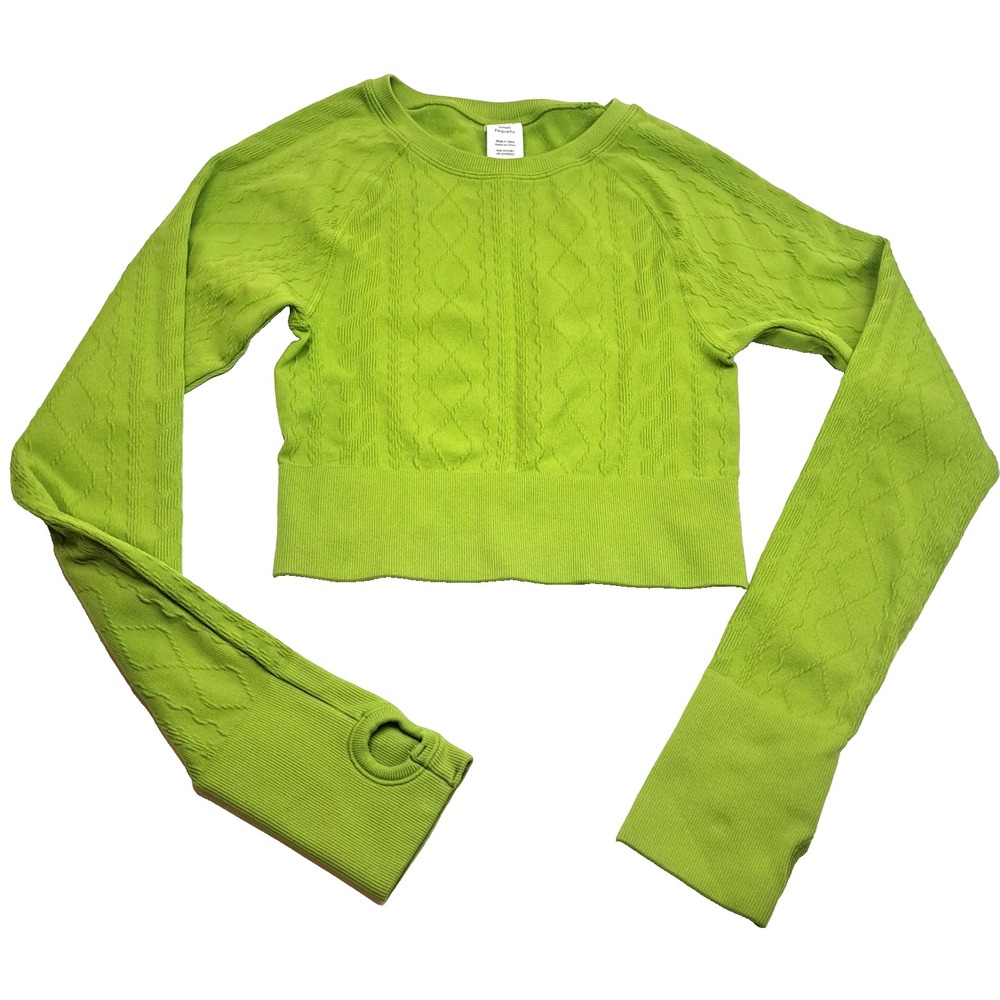 JOY LAB Cropped Cable Knit Nylon Top Women's S Stretch Long Sleeve Lime Green